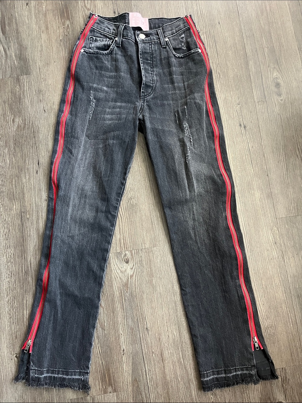 REVICE Black Straight-Leg Jeans with Red Side Zippers